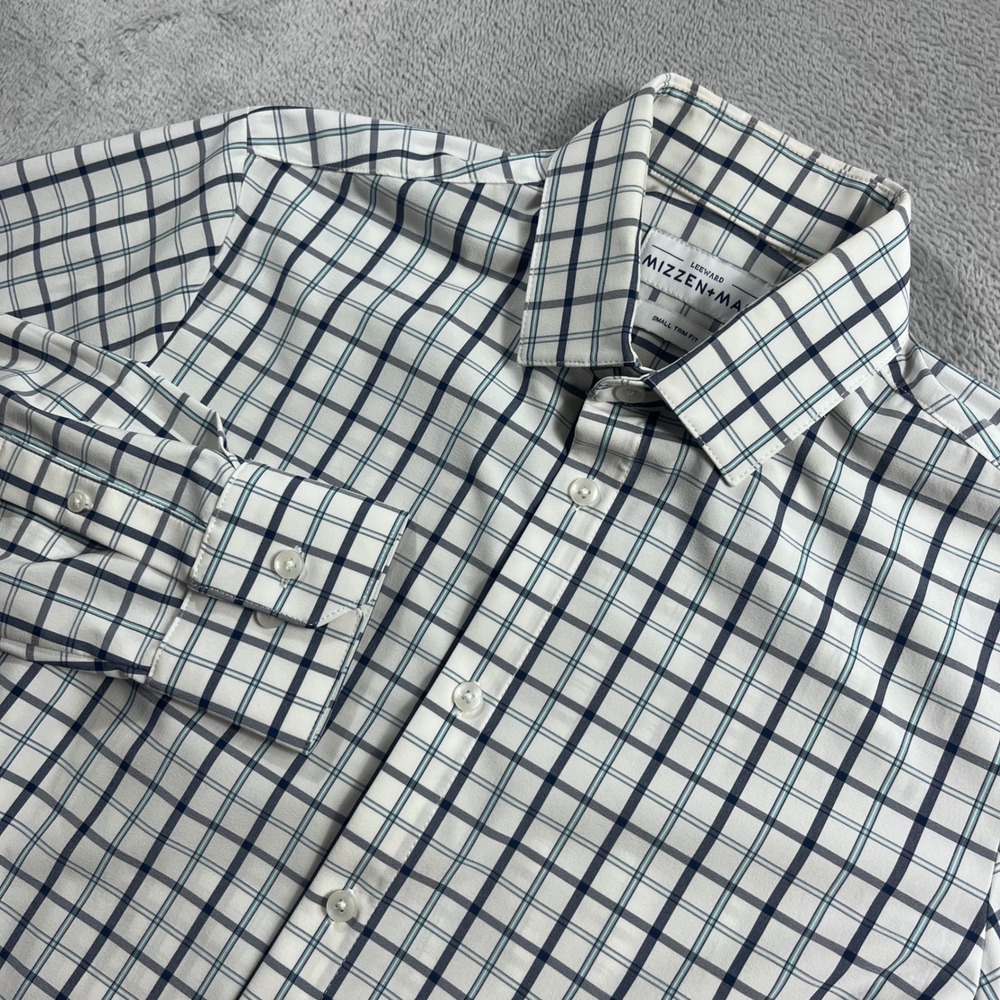 Mizzen+Main Leeward Dress Shirt Mens Small Trim Fit Blue Check Performance